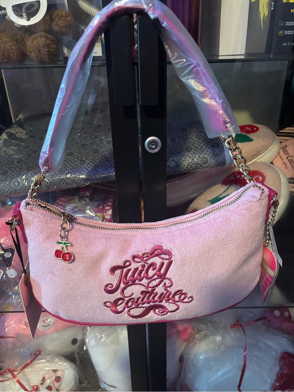 Juicy Couture Pink Velvet Shoulder Bag with Cherry Charm